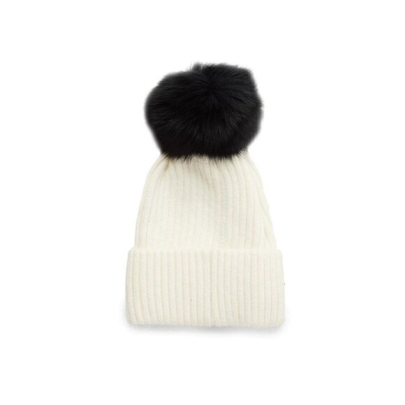 New - GLAMOURPUSS NYC Arctic Fox Fur Knit Beanie Hat White Black - Picture 3 of 3